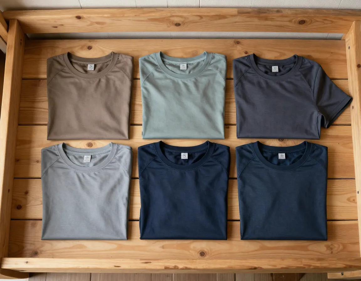Five moisture wicking upf t shirts on a wooden cabin bunk