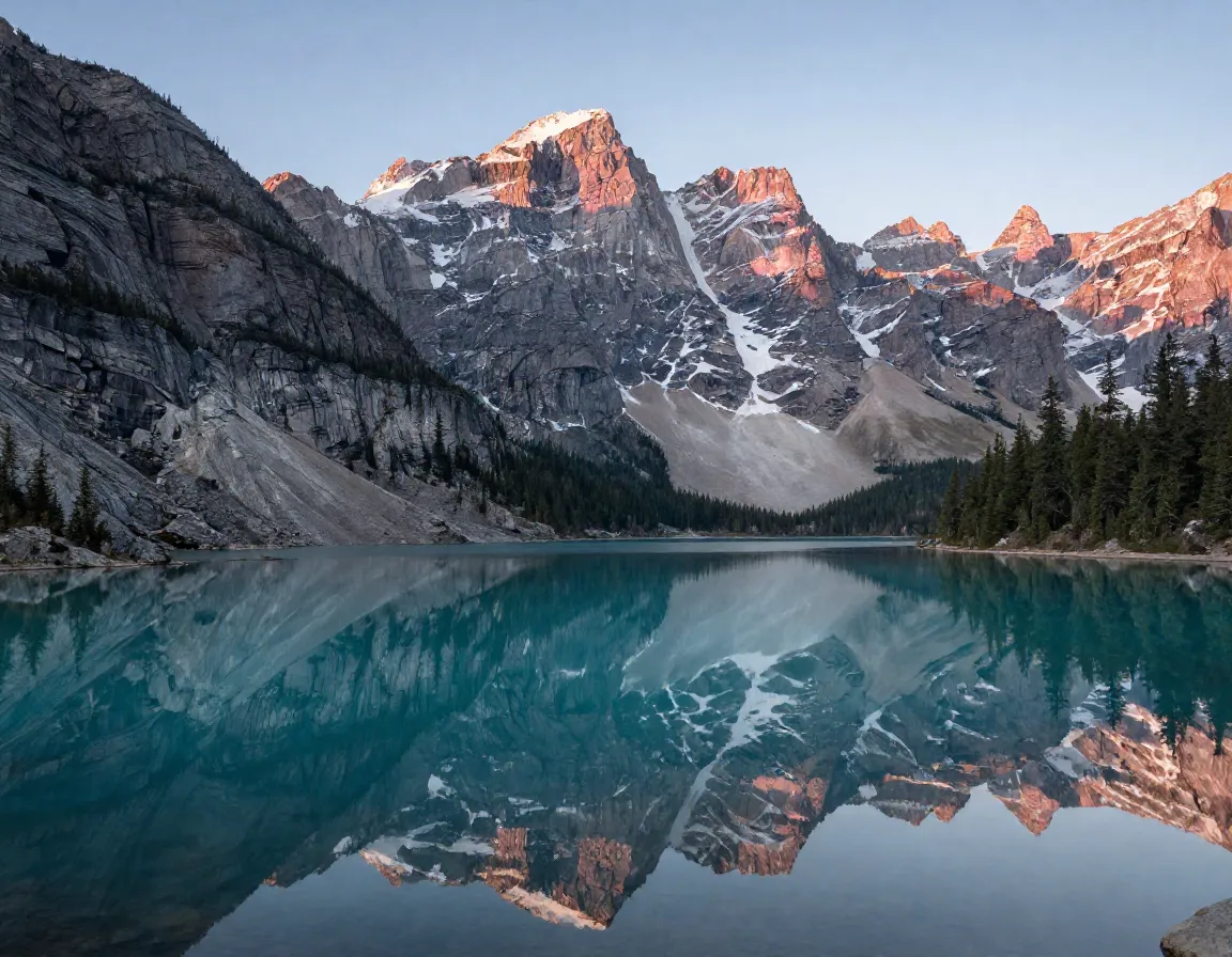 Jagged granite peaks turquoise alpine lake reflection morning light