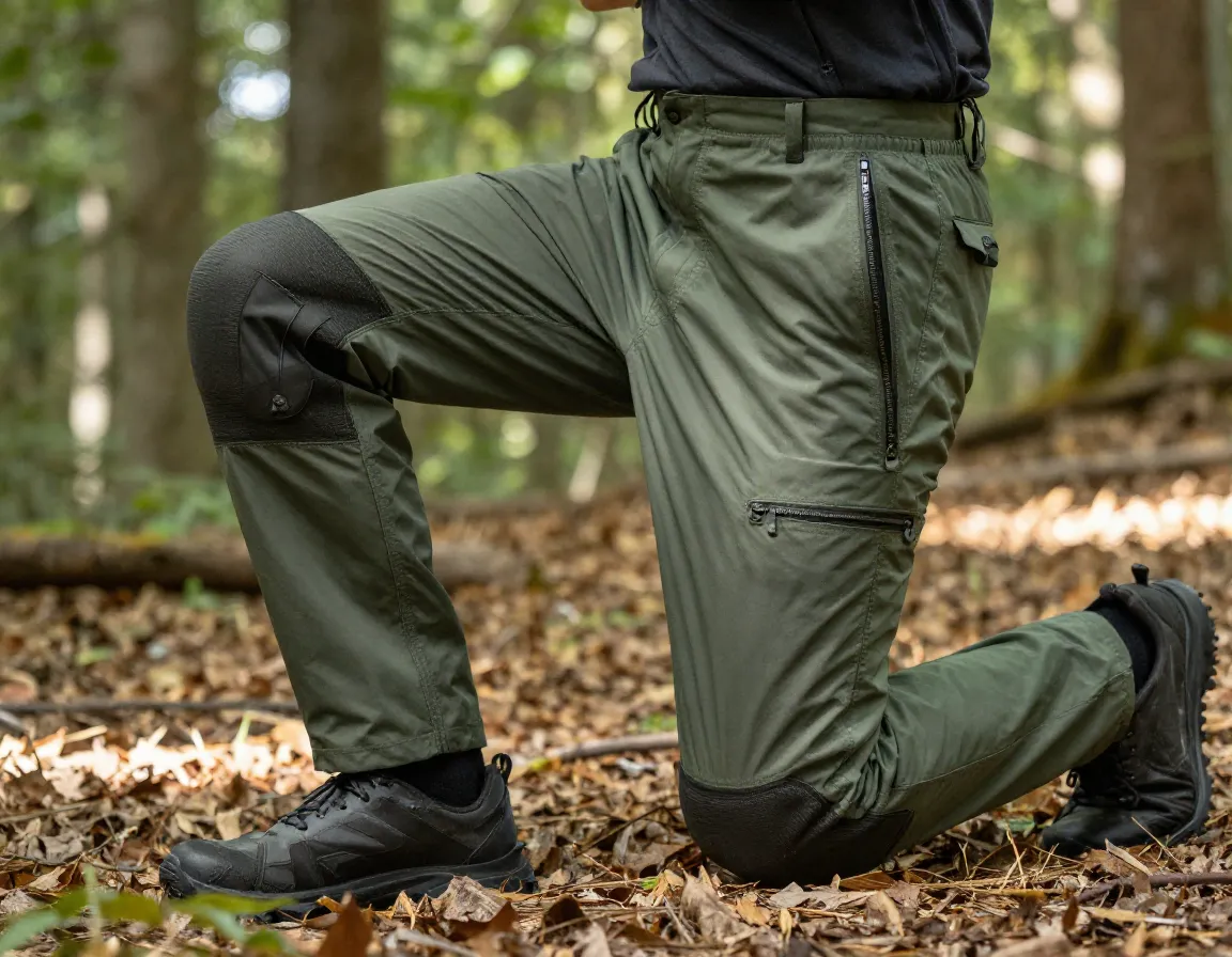Convertible zip off pants in a forest clearing with reinforced knees