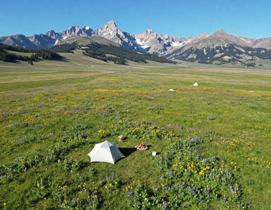 Dispersed campsite high alpine meadow panoramic beartooth mountain views