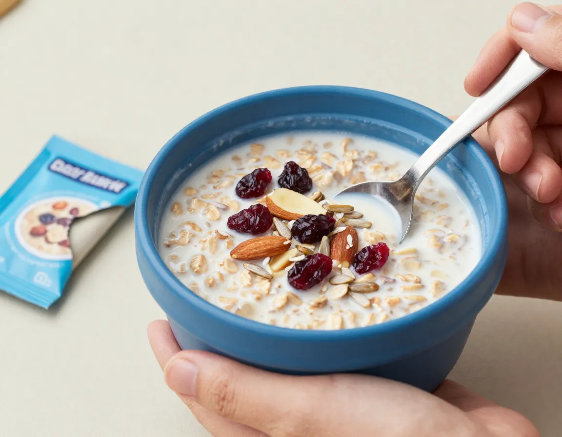 Instant oatmeal with dried fruit and nuts in camping bowl