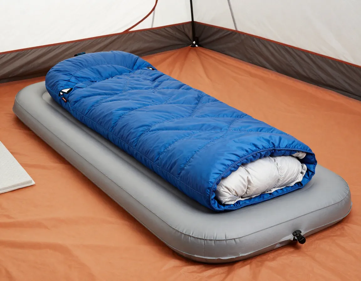 Unrolled mummy sleeping bag on an inflatable sleeping pad in a tent