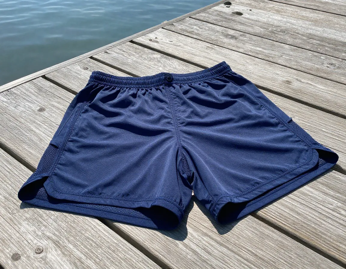 Athletic shorts with liner laying on a lakeside dock planks