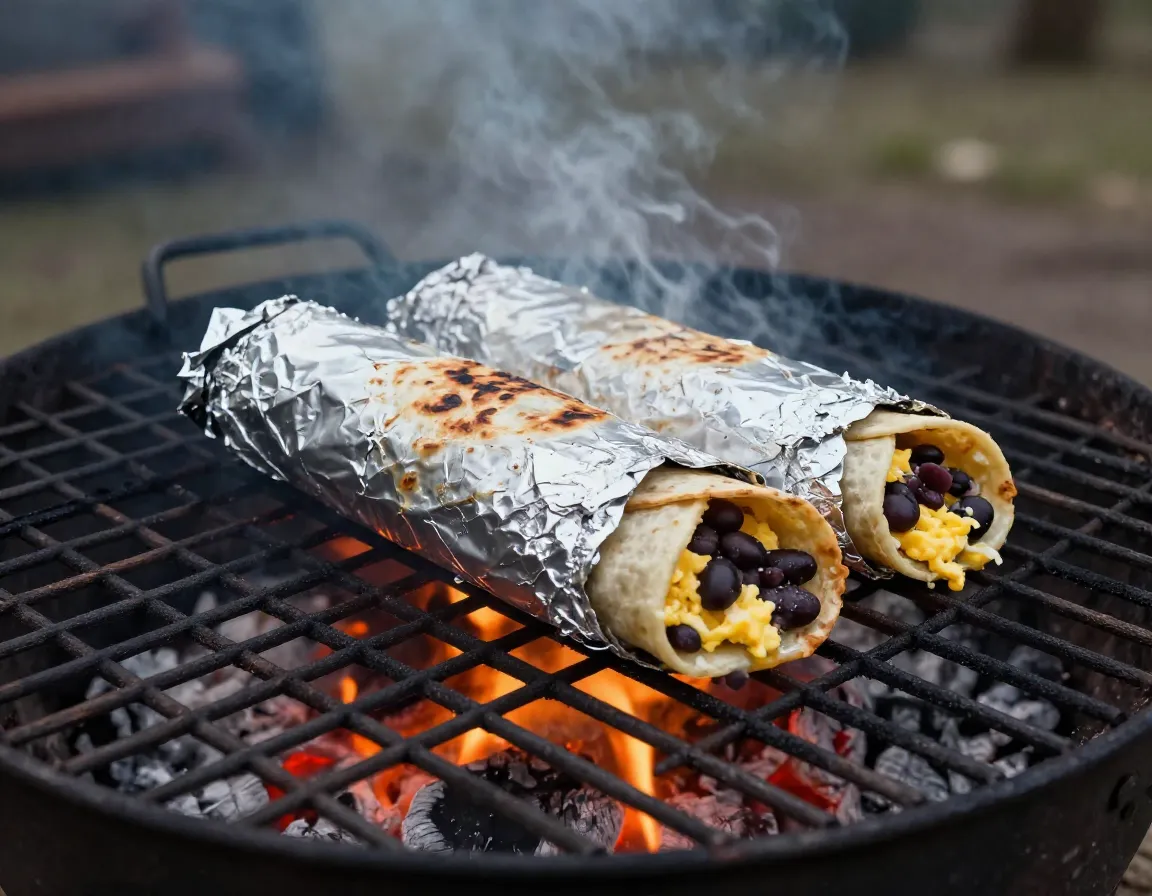 Breakfast burrito in foil heating on campfire grill grate