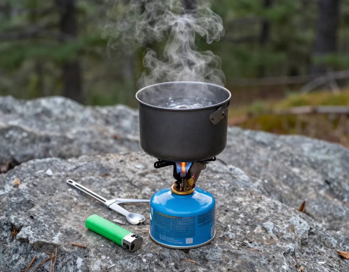 Compact canister camping stove boiling water in a metal pot outdoors