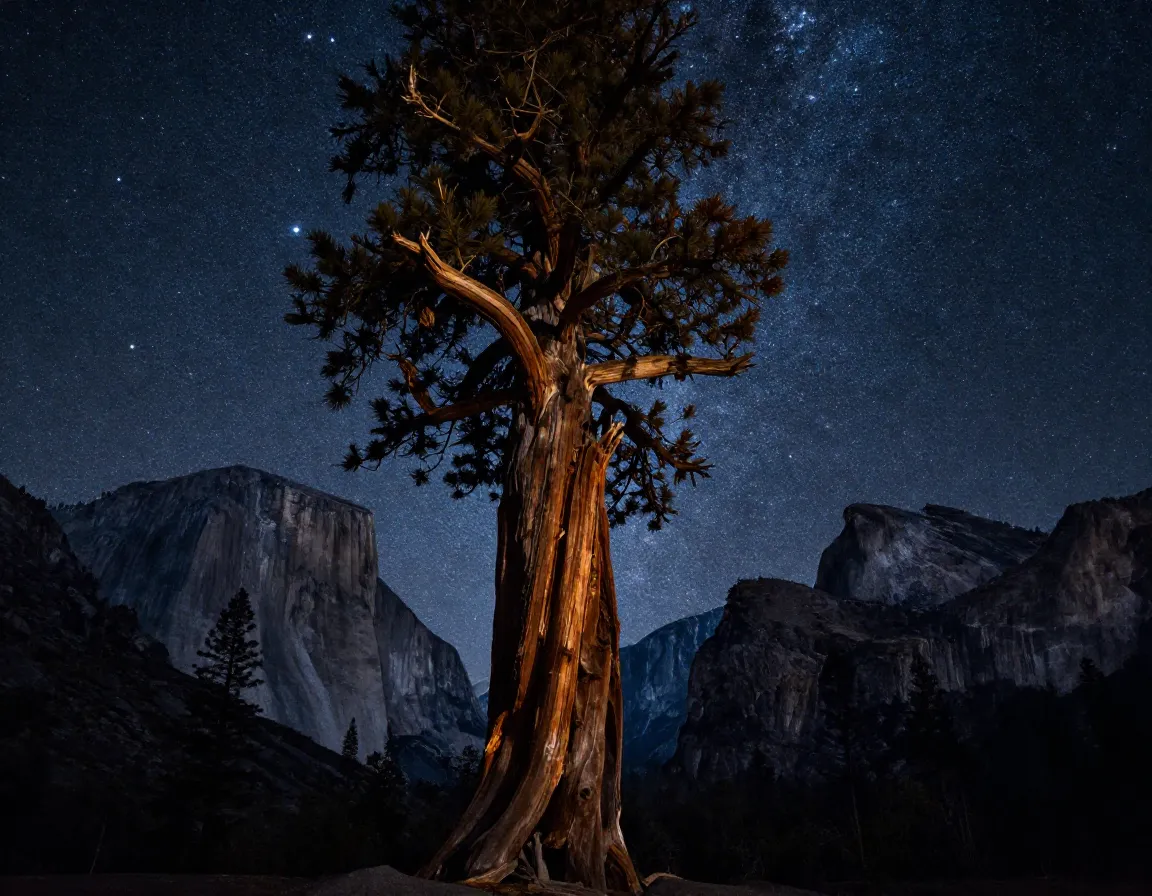 Ancient bristlecone pine tree starry night sierra nevada mountain backdrop