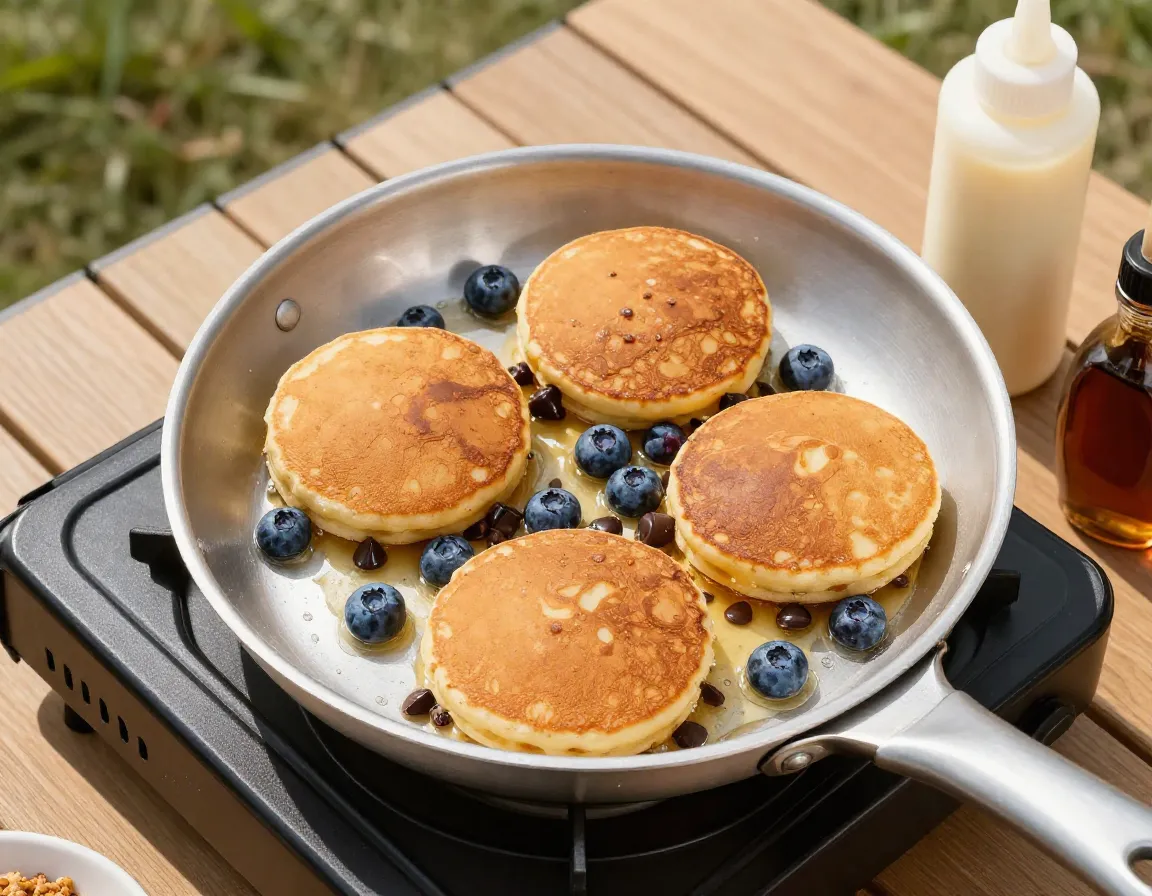 Golden pancakes with blueberries cooking on camp stove