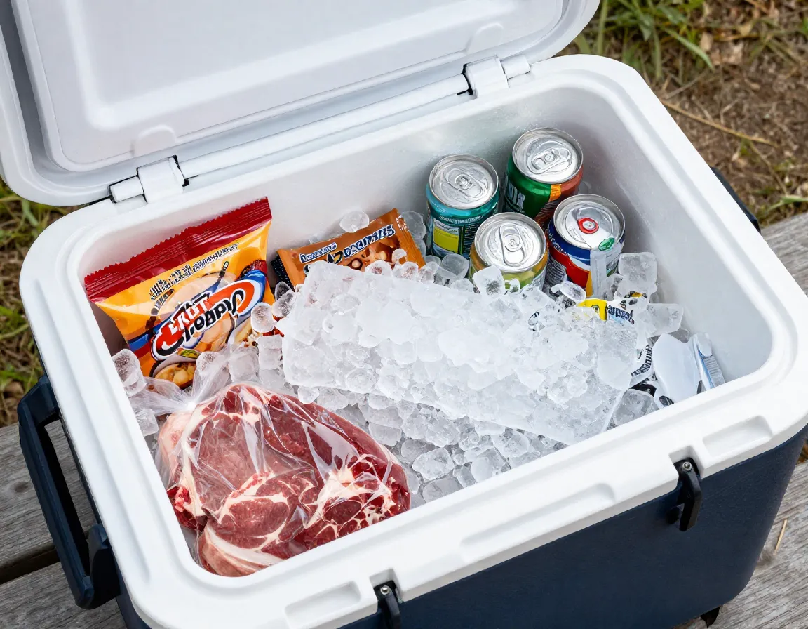 Open hard sided cooler packed with block ice and organized food