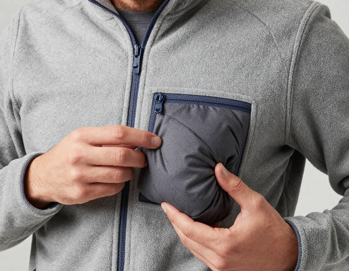 Packable fleece jacket stuffed into its own chest pocket