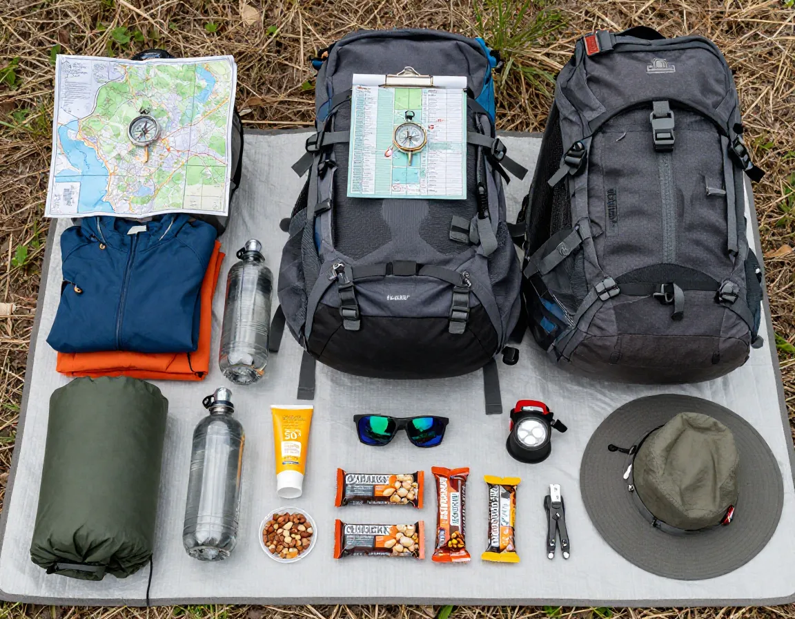 Backpack gear checklist map compass water layers sun protection