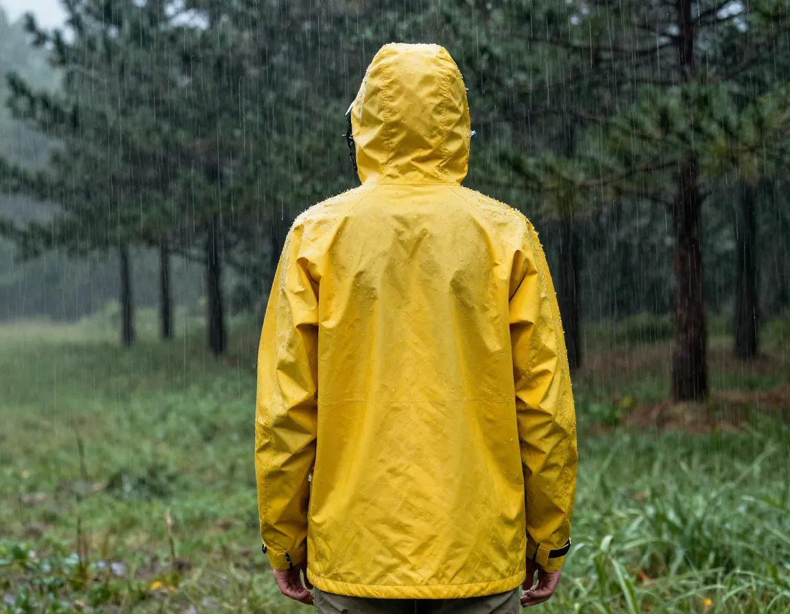 Waterproof rain jacket during a rainstorm in a campsite