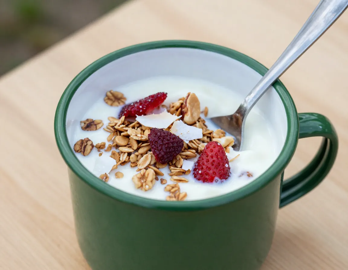 Granola with yogurt and dried strawberries in camping mug