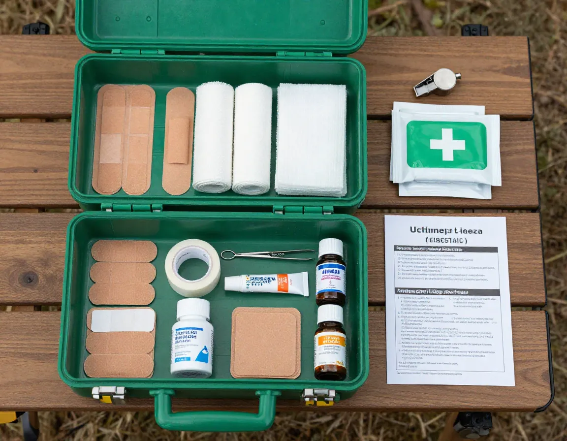 Open first aid kit with supplies laid out on a camping table