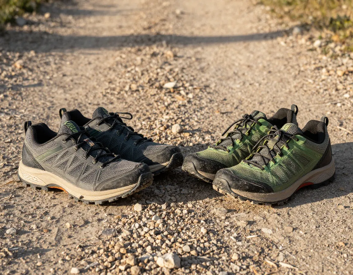 Two pairs of trail running shoes on a gravel path
