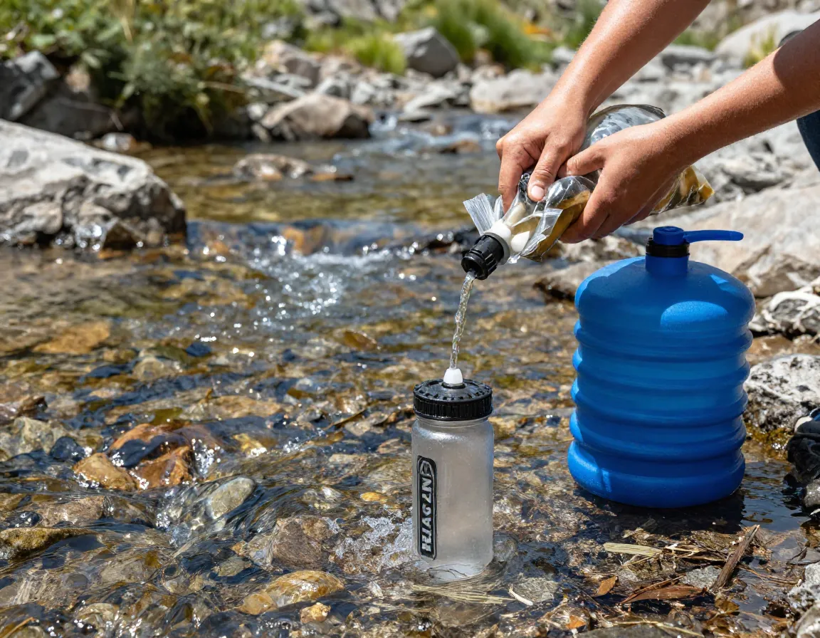 Water filtration system in use at a clear mountain stream