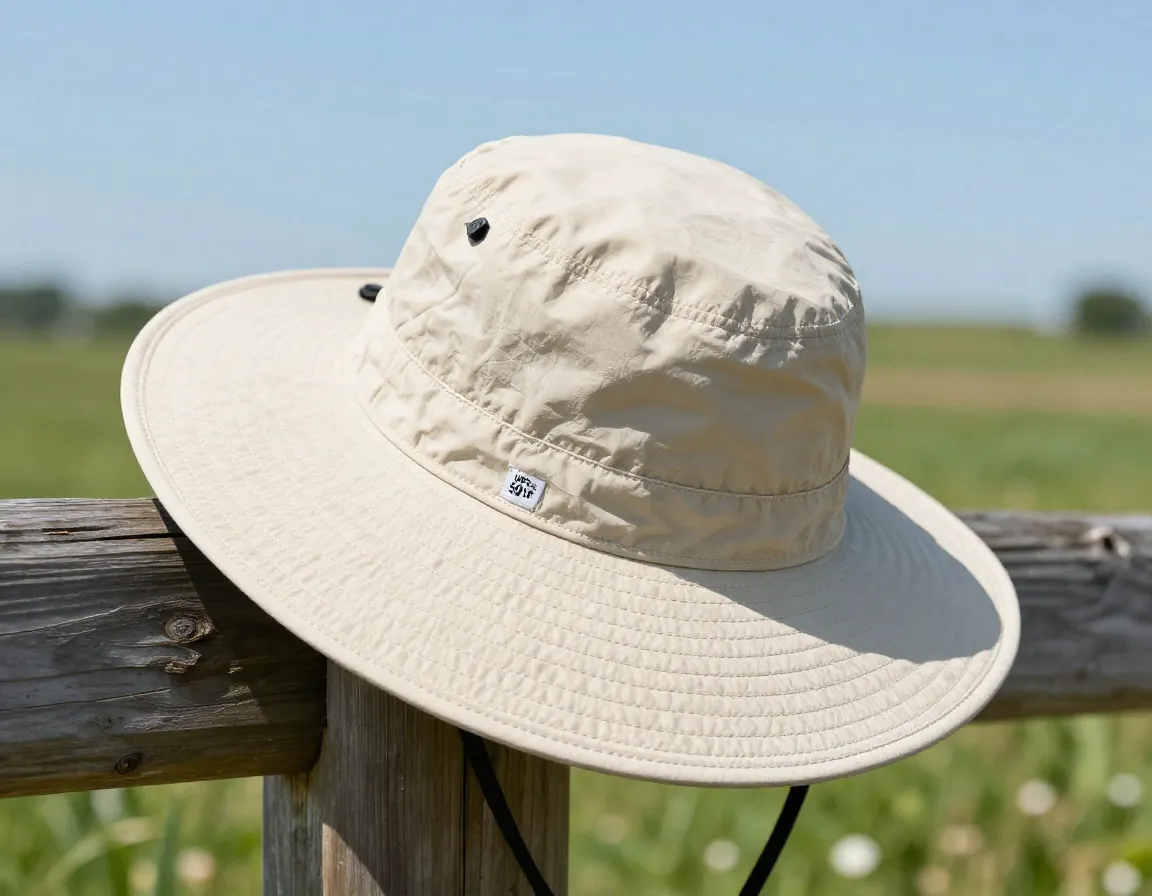 Wide brim sun hat on a sunny meadow fence post