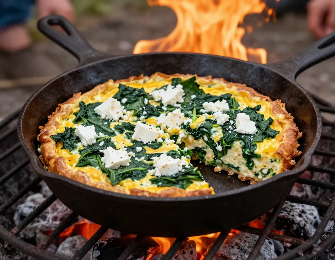 Campfire frittata with spinach and feta cheese in skillet