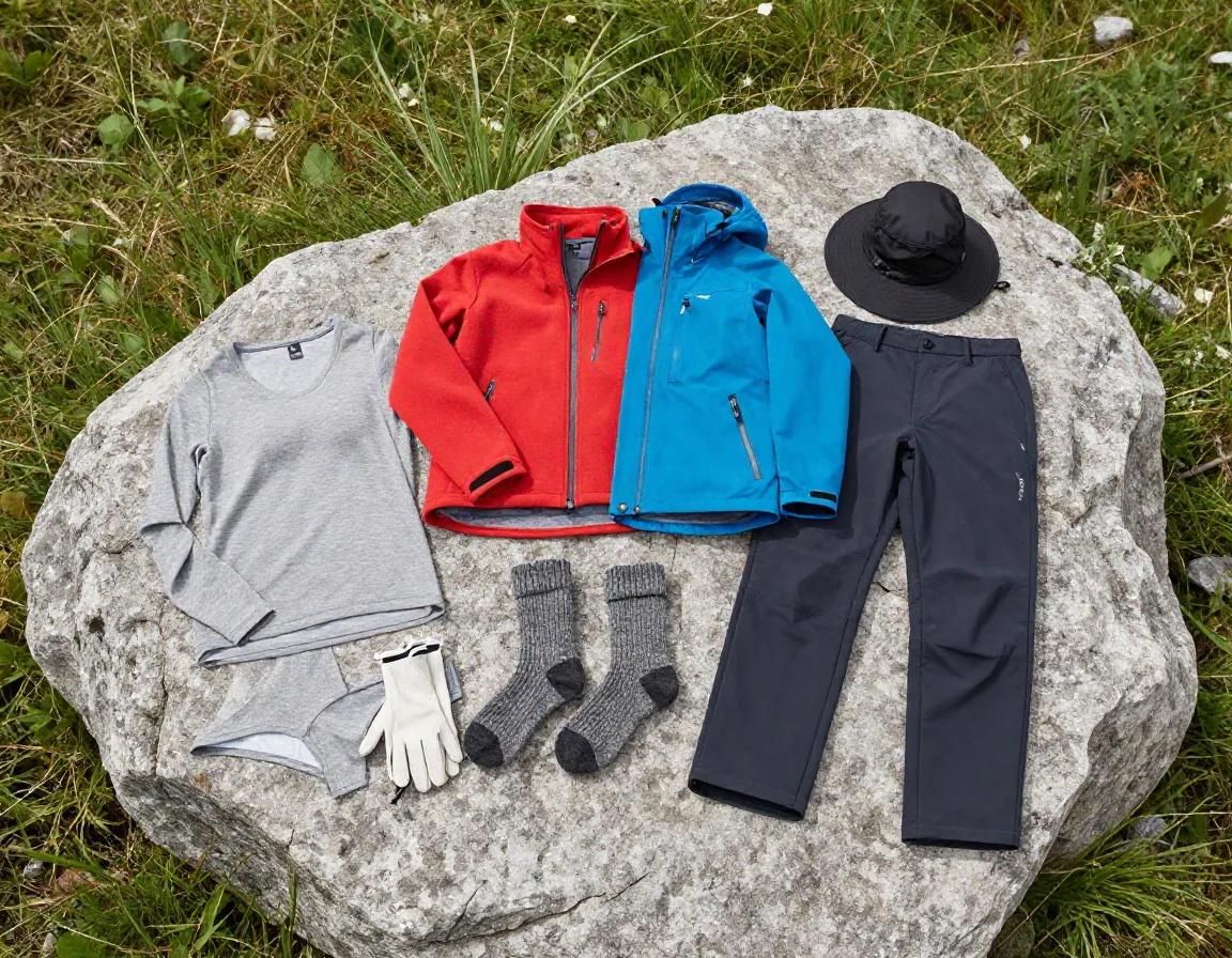 Layered clothing set displayed on a rock in a meadow