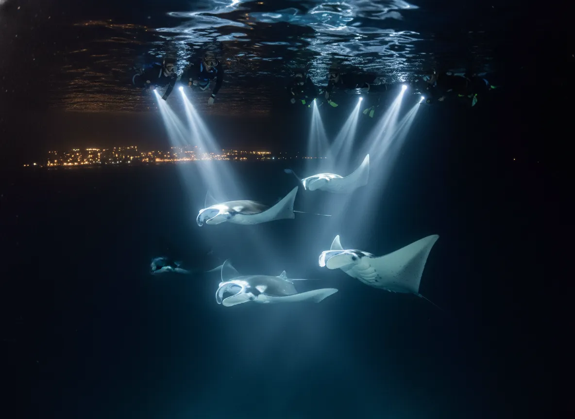 Resort bay famous manta ray night snorkeling lights underwater gentle giants