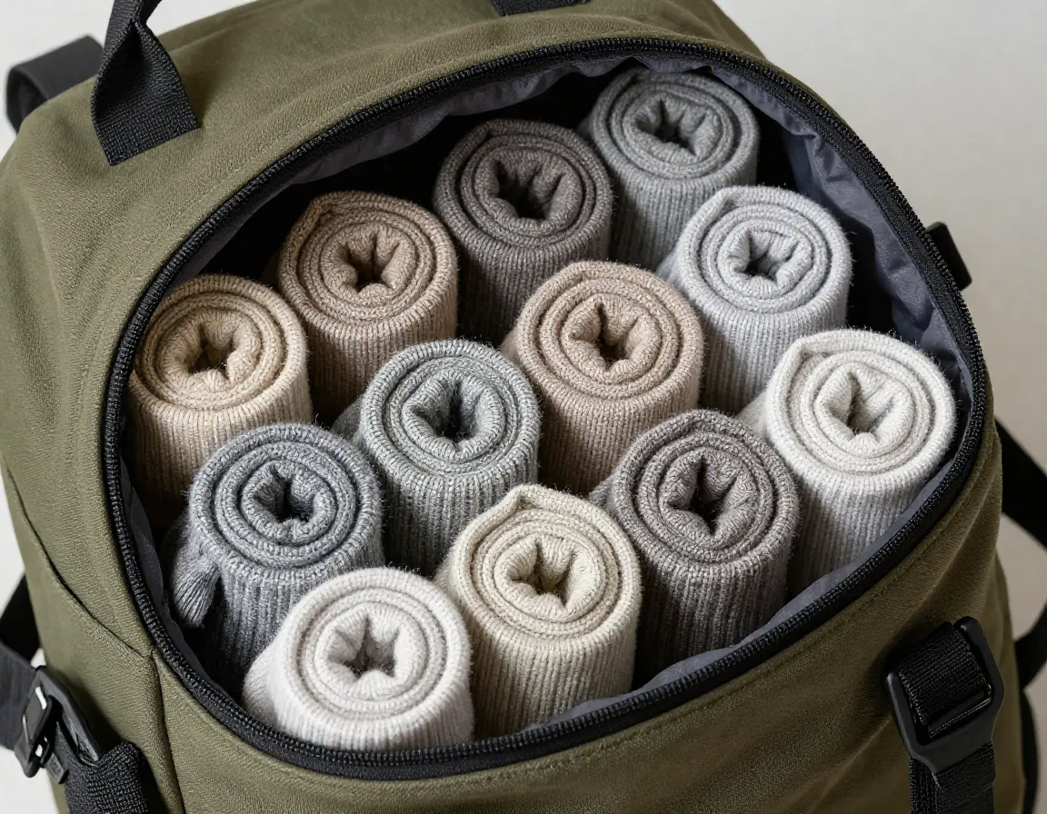 Ten pairs of merino wool socks rolled in a canvas backpack