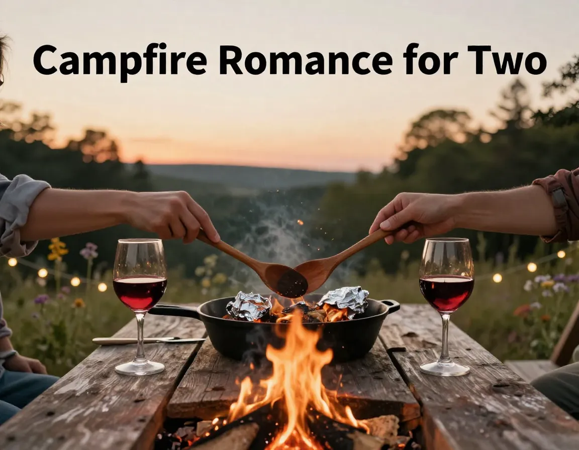 Campfire cooking couples romantic getaway foil packet wine glasses