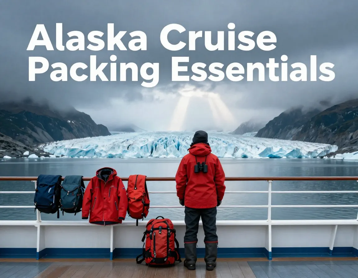 Cruise deck prepared traveler red jacket binoculars glacier view