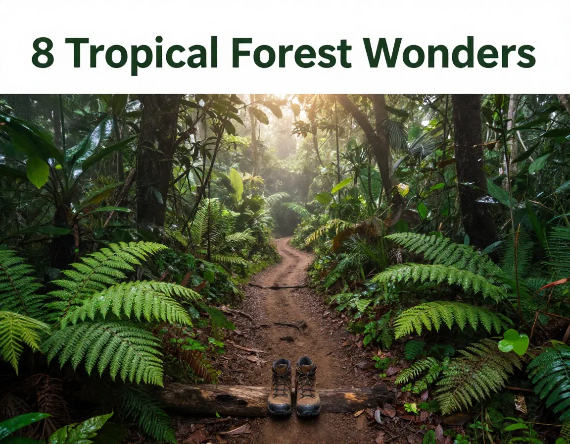 Hiking boots tropical forest trail misty green canopy adventure waiting