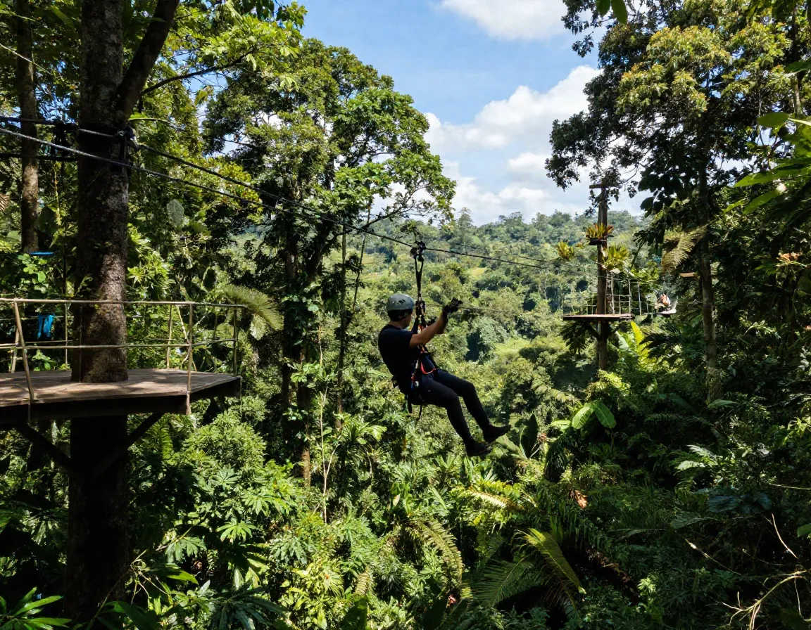 Person on zipline high above dense rainforest canopy tour platform