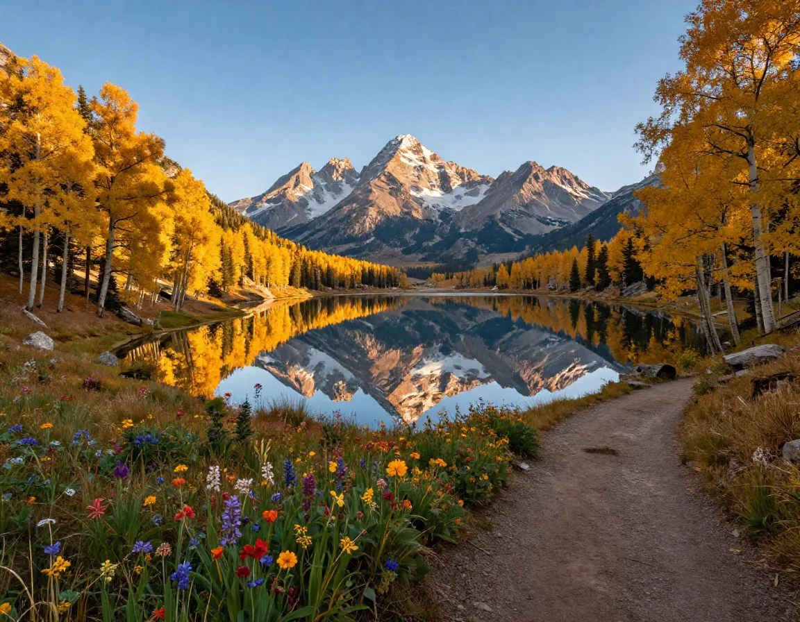 Photorealistic maroon bells reflected in crater lake aspen grove hike