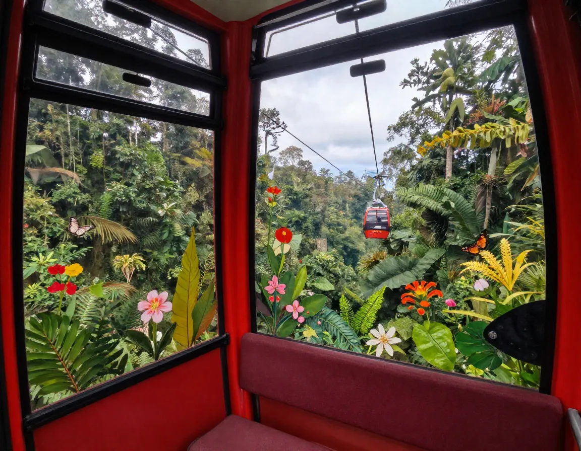 Aerial cable car gliding through dense medicinal plant rainforest