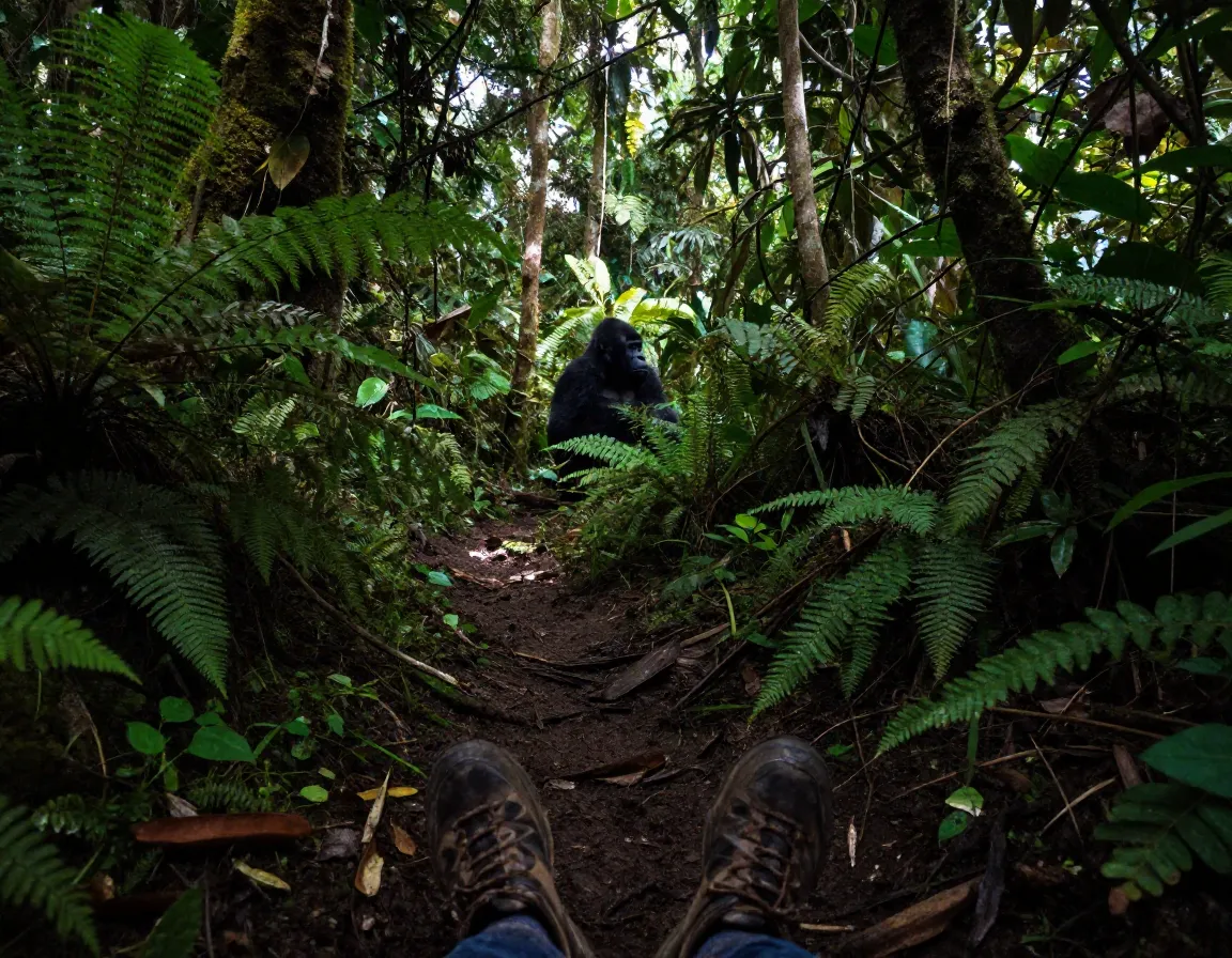 Dense ugandan jungle trail with mountain gorillas in undergrowth