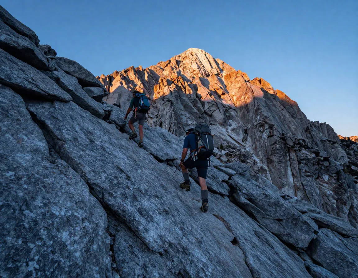 Hiker ascending longs peak keyhole route at sunrise boulder field