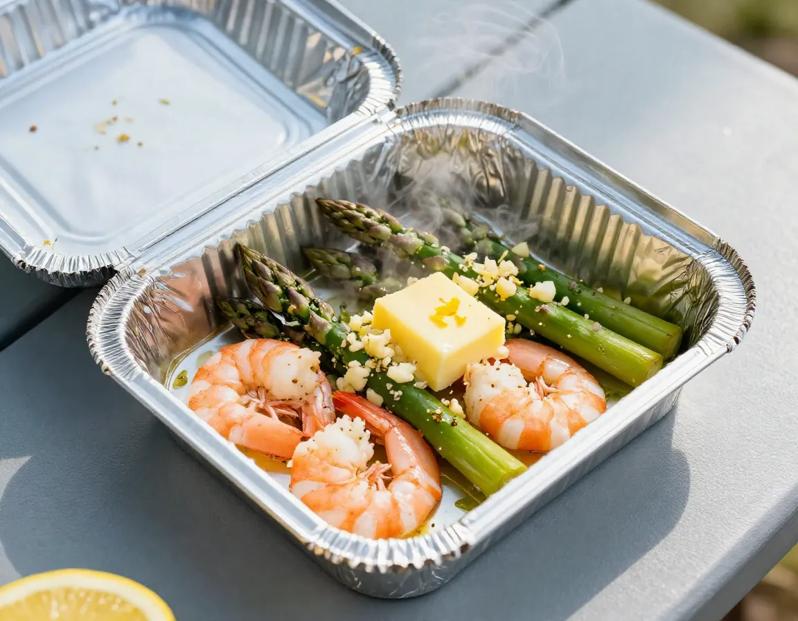 Lemon garlic shrimp asparagus foil pack open on picnic table