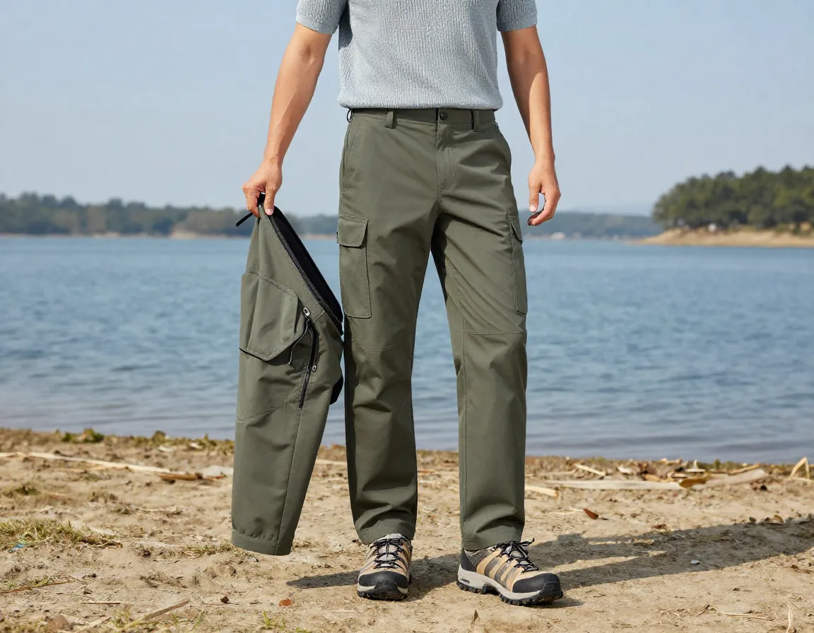Man in convertible cargo pants and knitted polo at lakeside