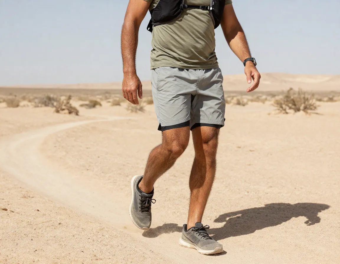 Hiker in lightweight nylon shorts and base layer in desert