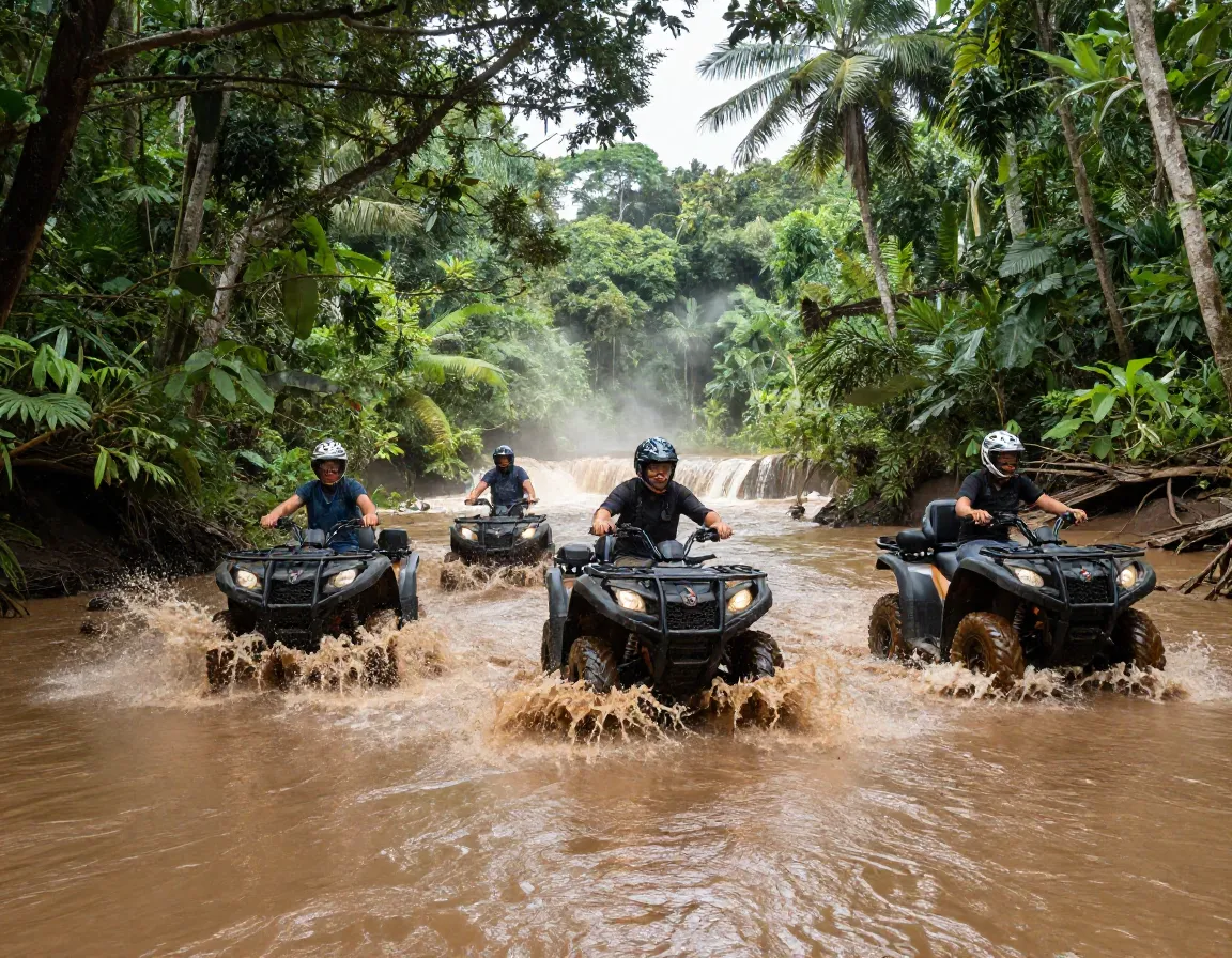 Riders on atvs splashing through muddy jungle river crossing