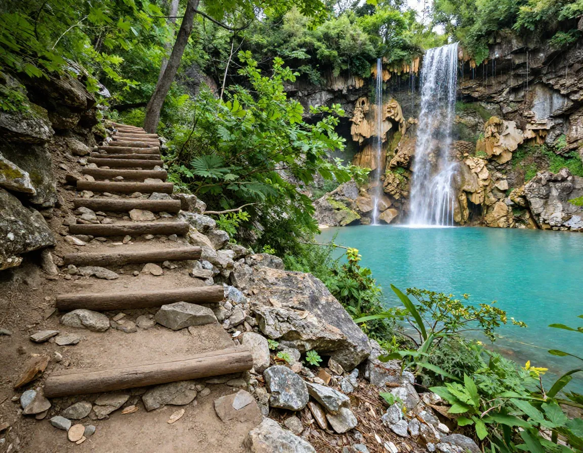 Steep climb to turquoise hanging lake waterfall travertine formations