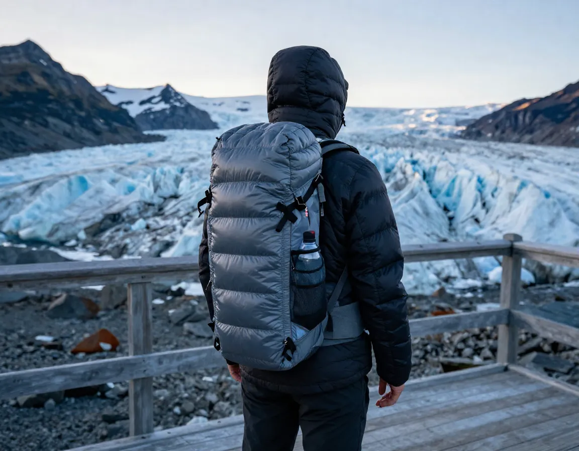 Traveler wearing packable down jacket on glacier viewing platform