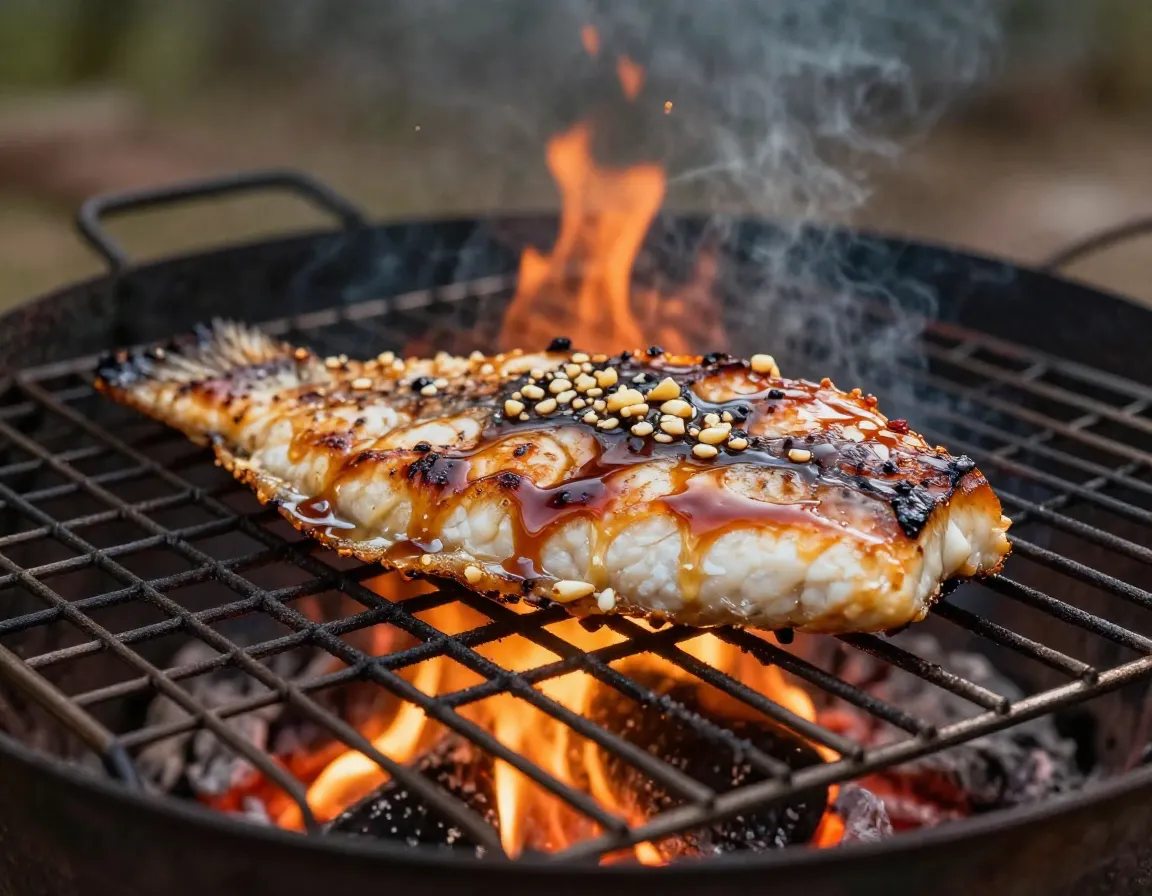 Grilled brown sugar glazed halibut fillet on campfire grate