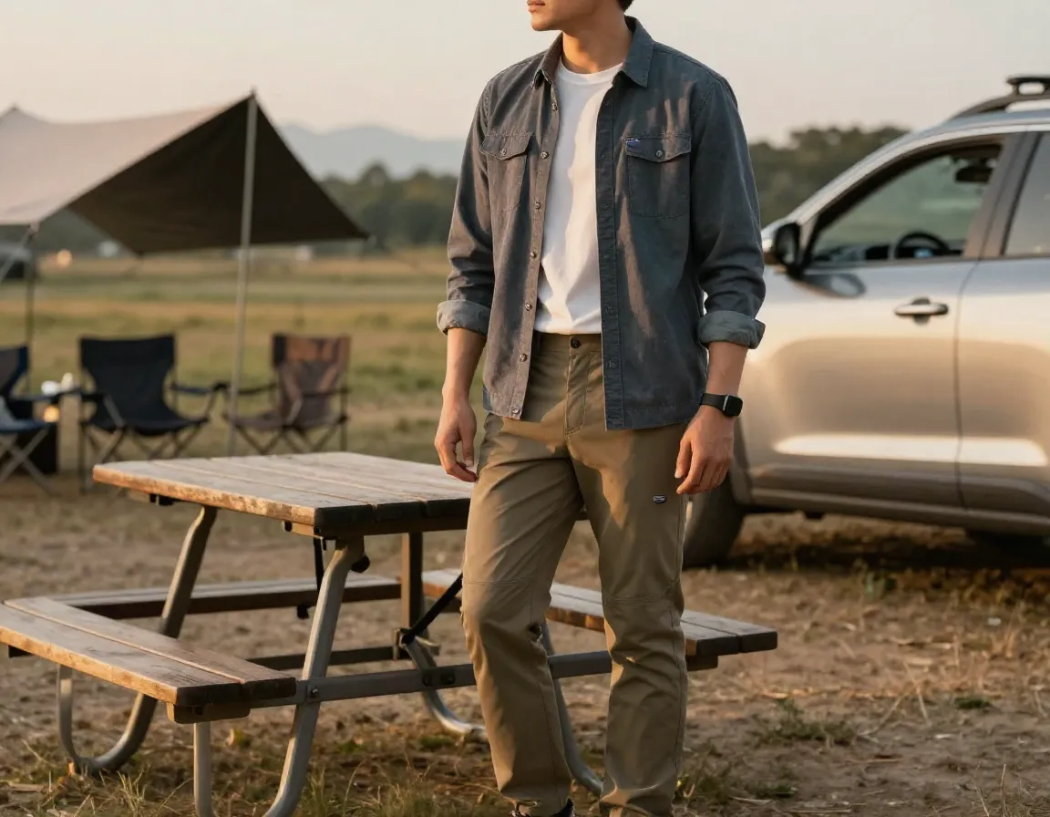 Man in camp collar shirt and hiking pants at car campsite