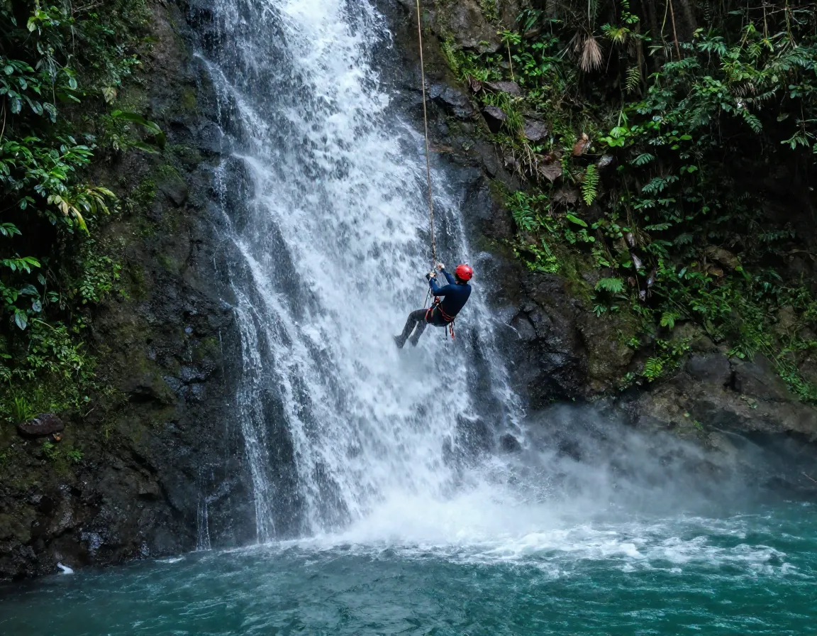 Person rappelling down the face of a live tropical waterfall