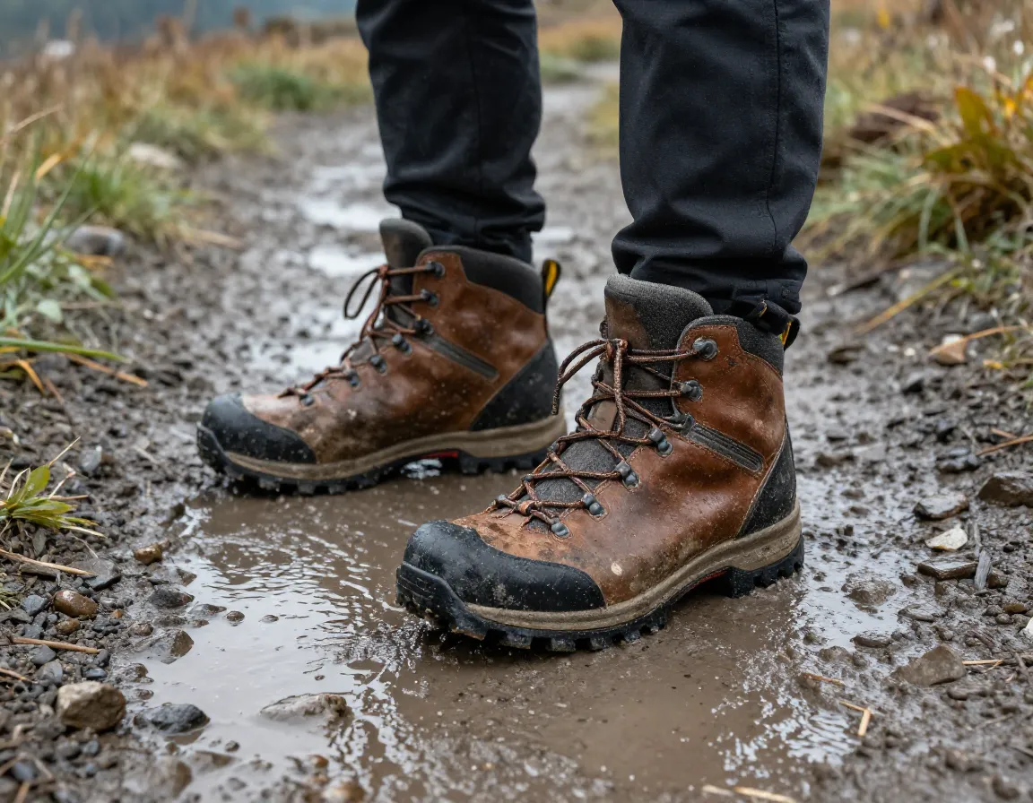 Worn waterproof hiking boots on muddy alaska trail with puddles