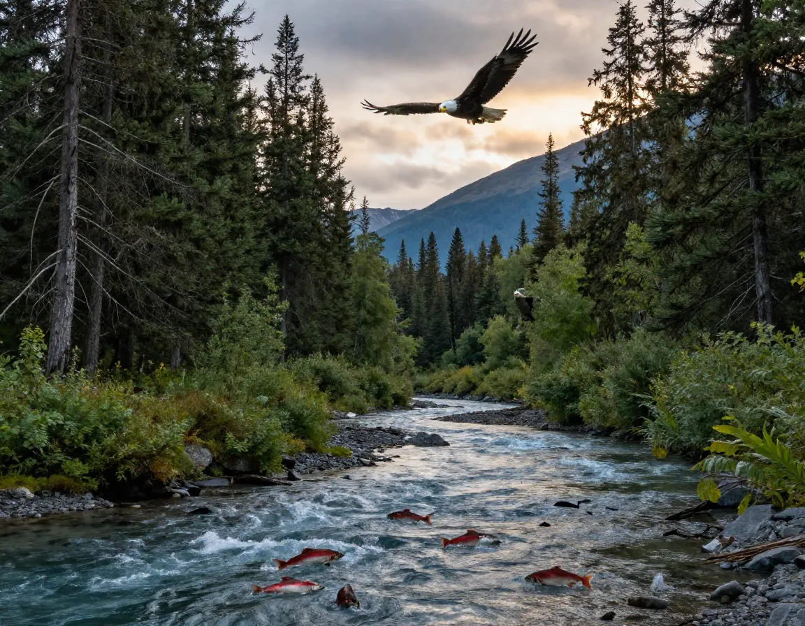 Bald eagle flying over salmon river in alaskan temperate rainforest