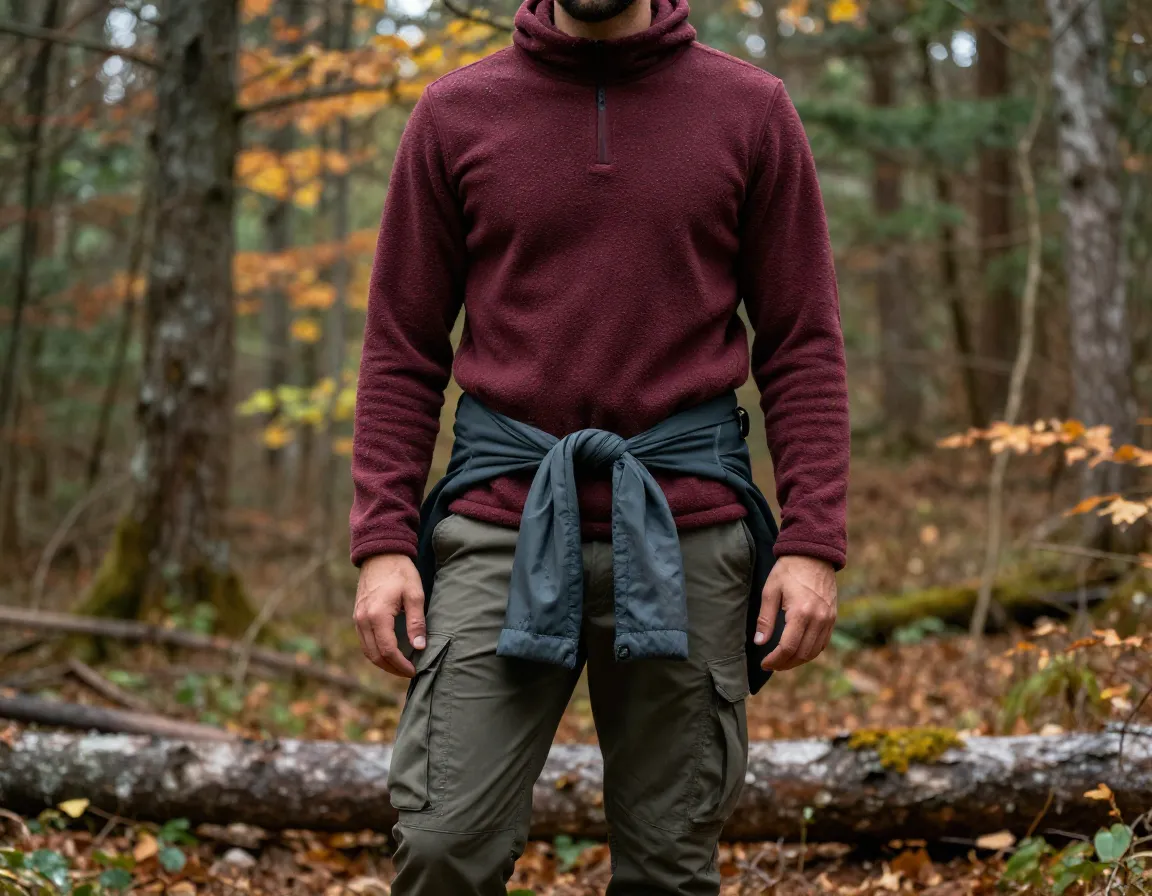 Man in layered hoodie fleece and cargo pants in cold forest