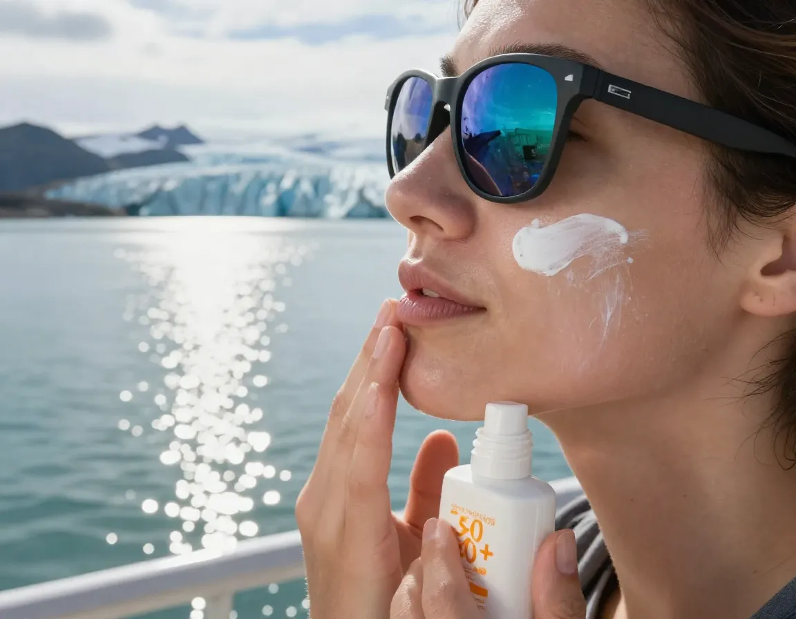 Traveler applying sunscreen on face overlooking glacial water
