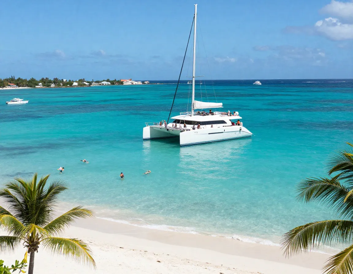 White catamaran anchored at tortuga island turquoise water beach