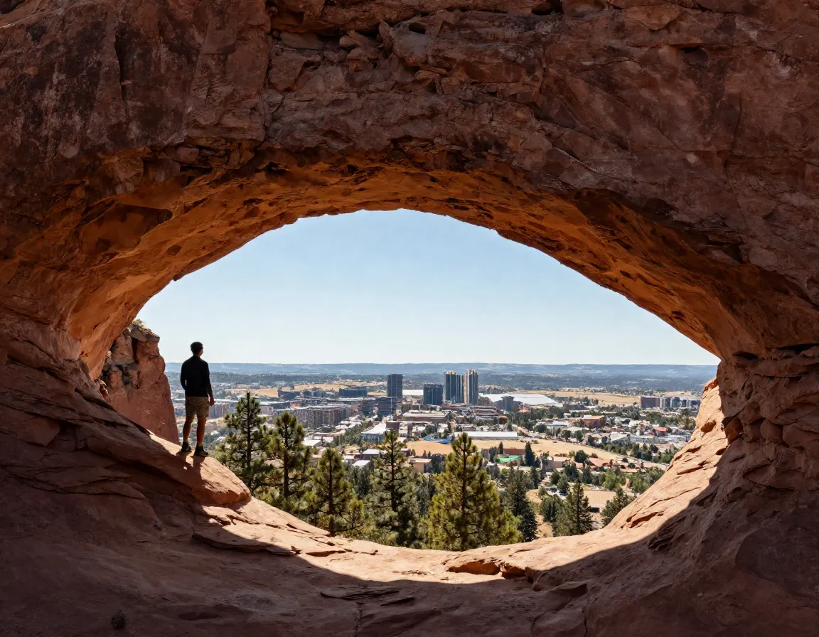 Hiker under royal arch sandstone arch framing boulder valley