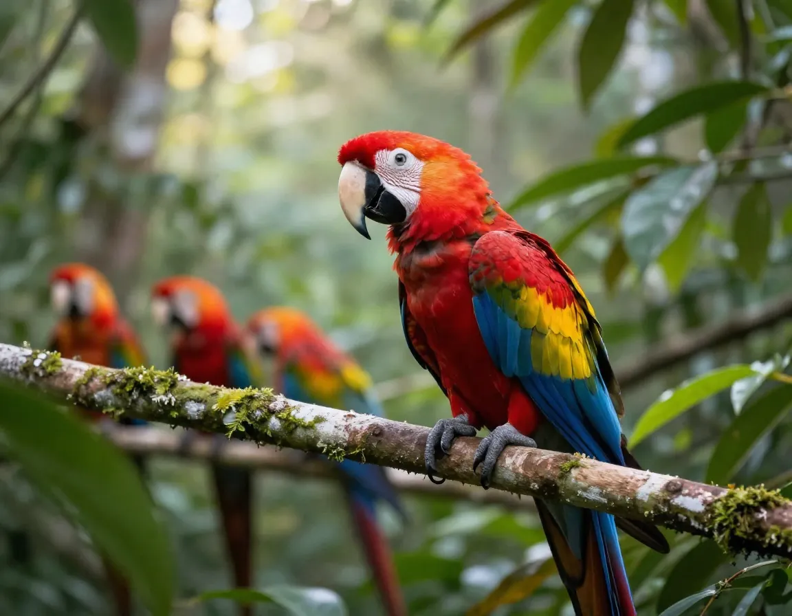 Scarlet macaw perched on branch in carara national park jungle