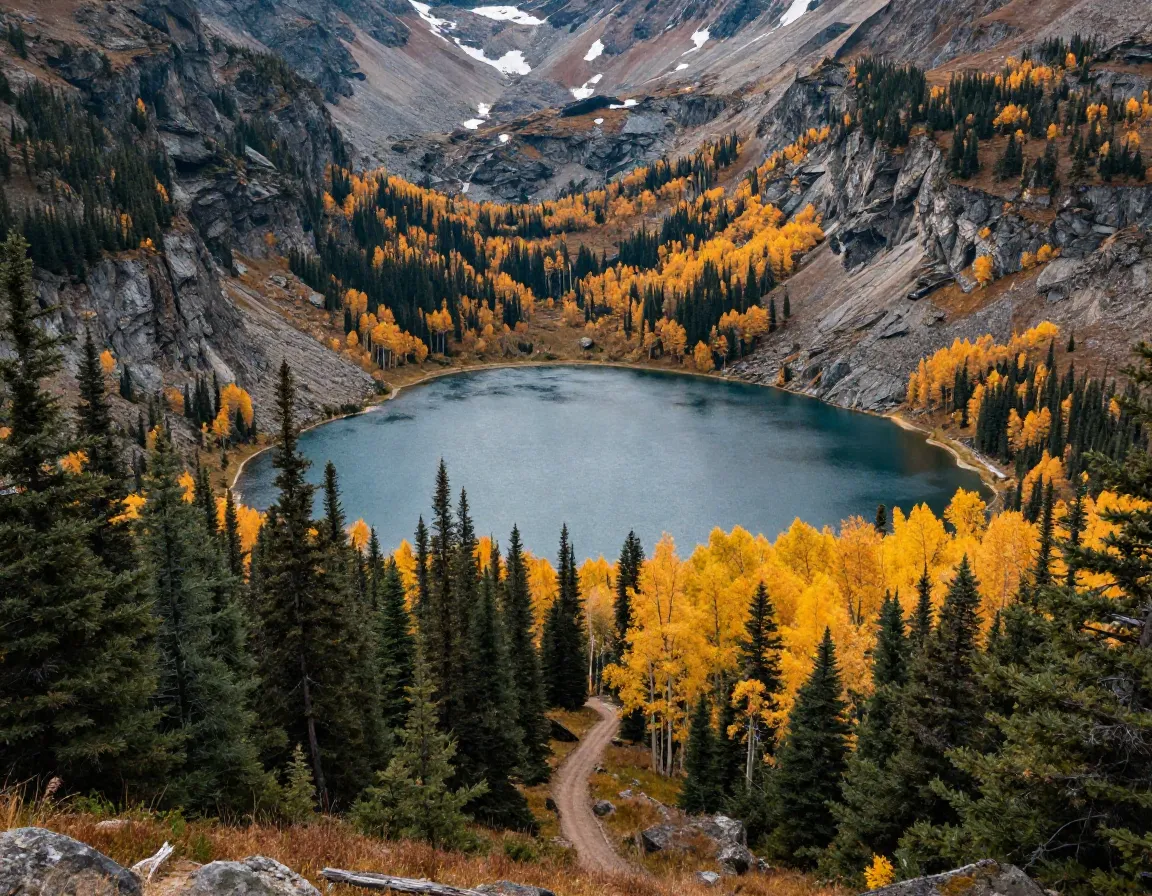 American lake glacial cirque with alpine basin and fall colors