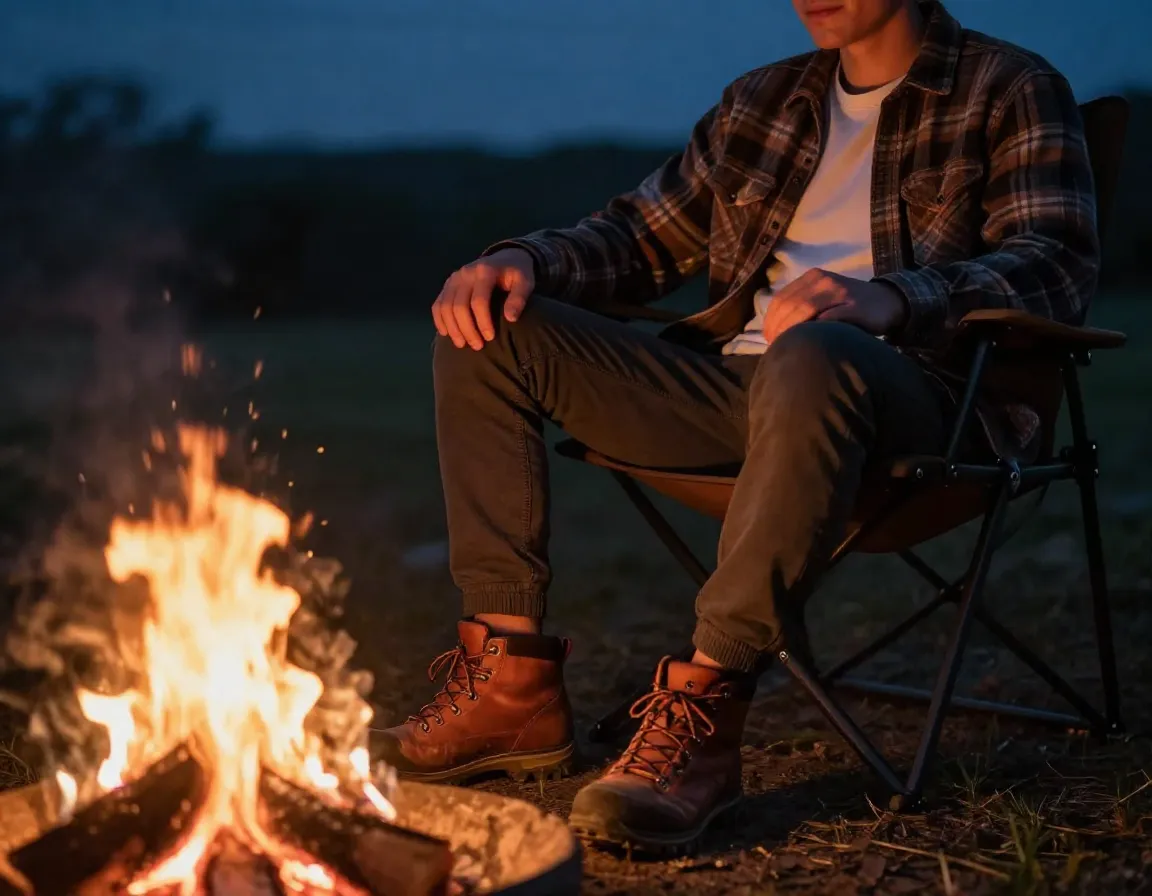 Man in flannel and joggers by evening campfire